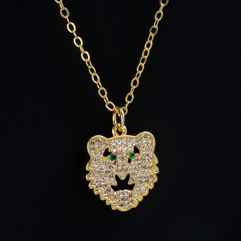 Fashion Copper 18k Gold Plating Micro Inlaid Zircon Tiger Head Pendant Necklace