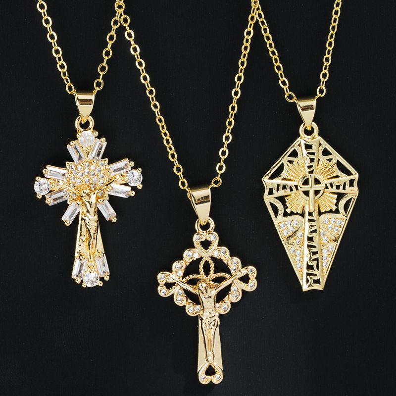 Mode Kupfer Gold-überzogene Intarsien Farbe Zirkon Kreuz Jungfrau Maria Anhänger Halskette
