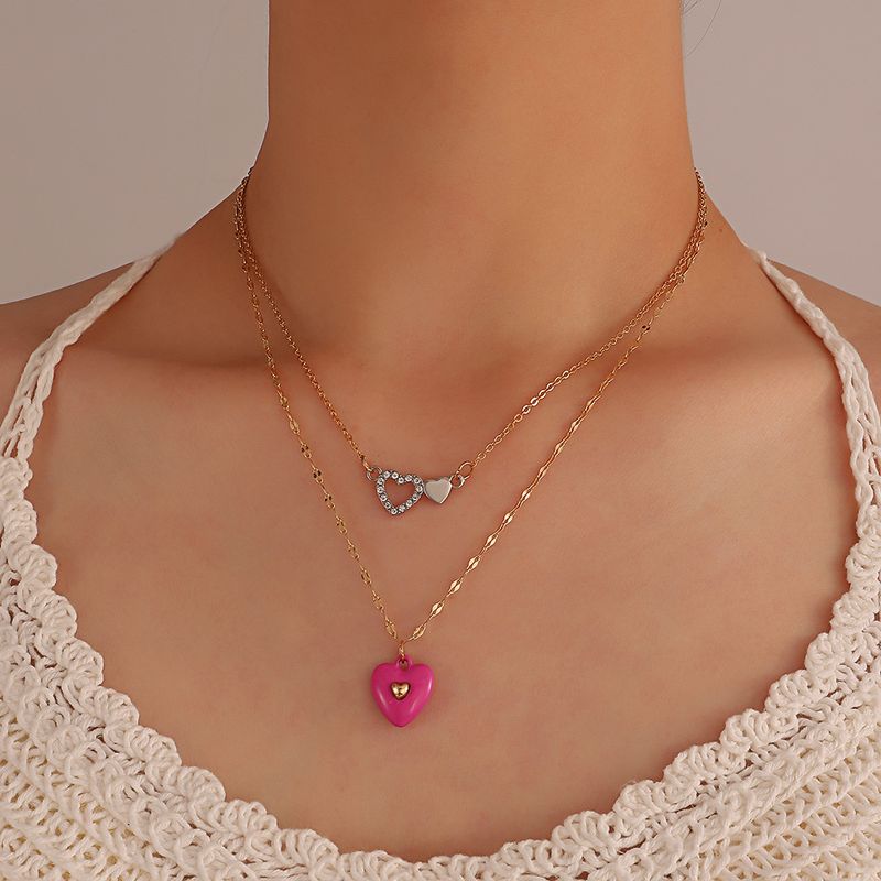 Neue Stil Einfache Doppel Schicht Rosa Herz Anhänger Halskette Armband