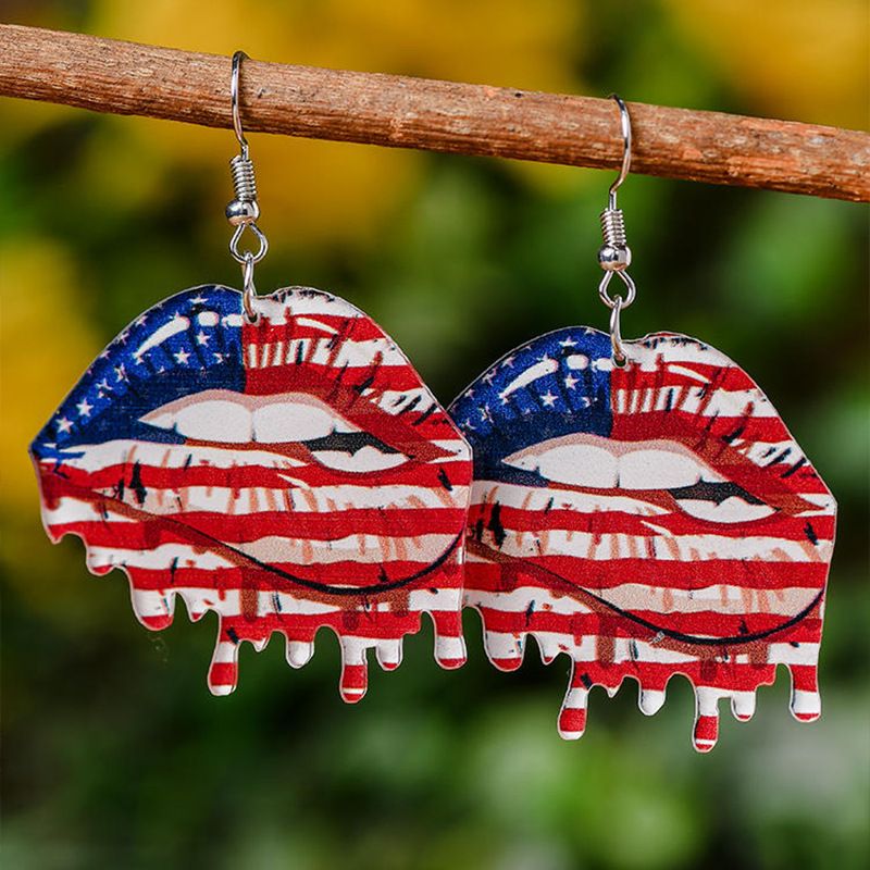 Lip Shaped Pu Leather American National Flag Printing Earrings