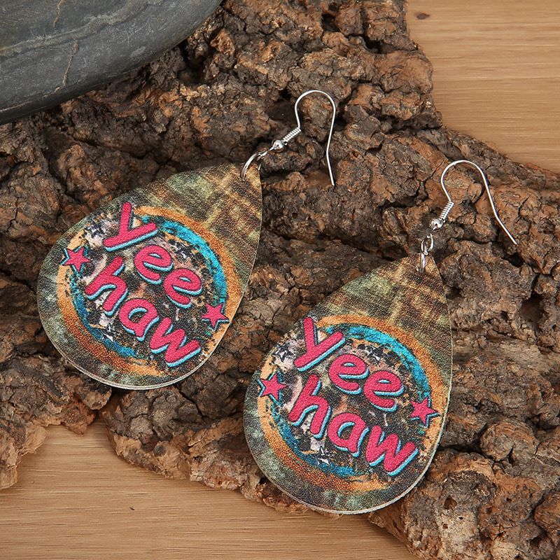 Drop-shaped Pu Leather Distressed Letters Vintage Pattern  Earrings