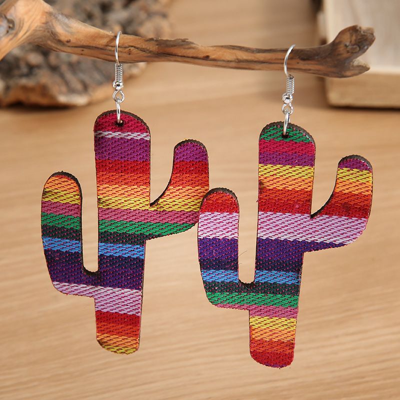 Colorful Printed Big Cactus Shaped Rainbow Pu Leather Earrings