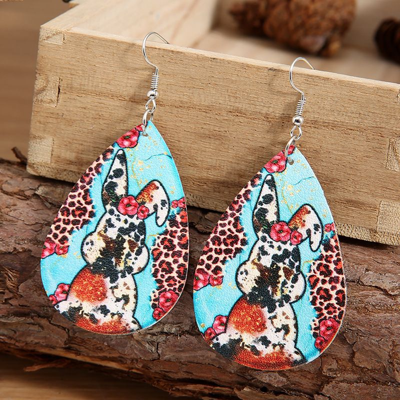 Exaggerated Rabbit Leopard Print Mixed Color Pu Leather Earrings