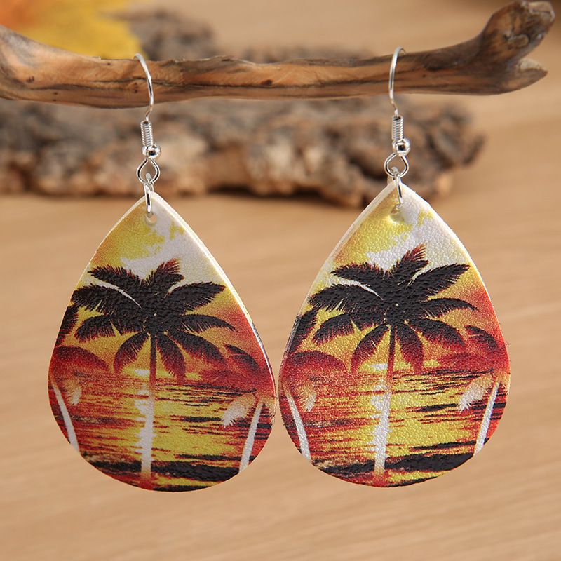 Coconut Tree Leather Seaside Holiday Sunset Printed Earrings