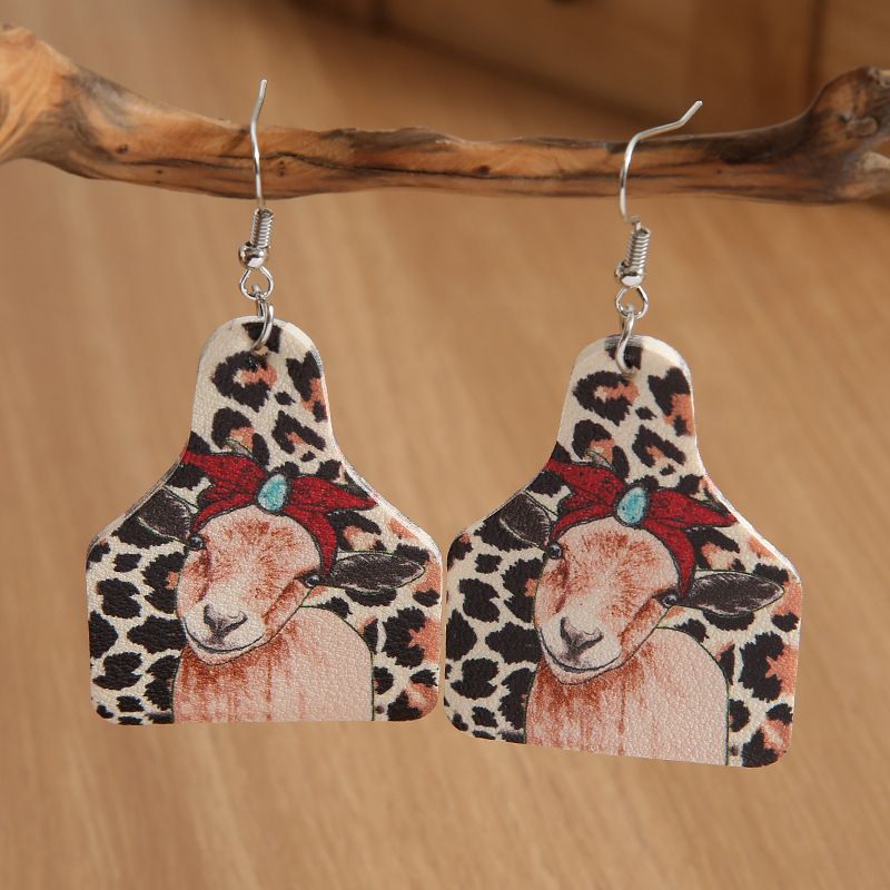 Retro Estilo Occidental Turquesa Patrón Cordero Pu Cuero Pendientes