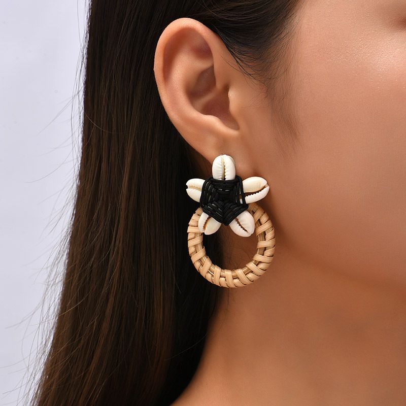 Fashion Bohemian Beach Woven Rattan Shell Earrings Geometric Flower Eardrop