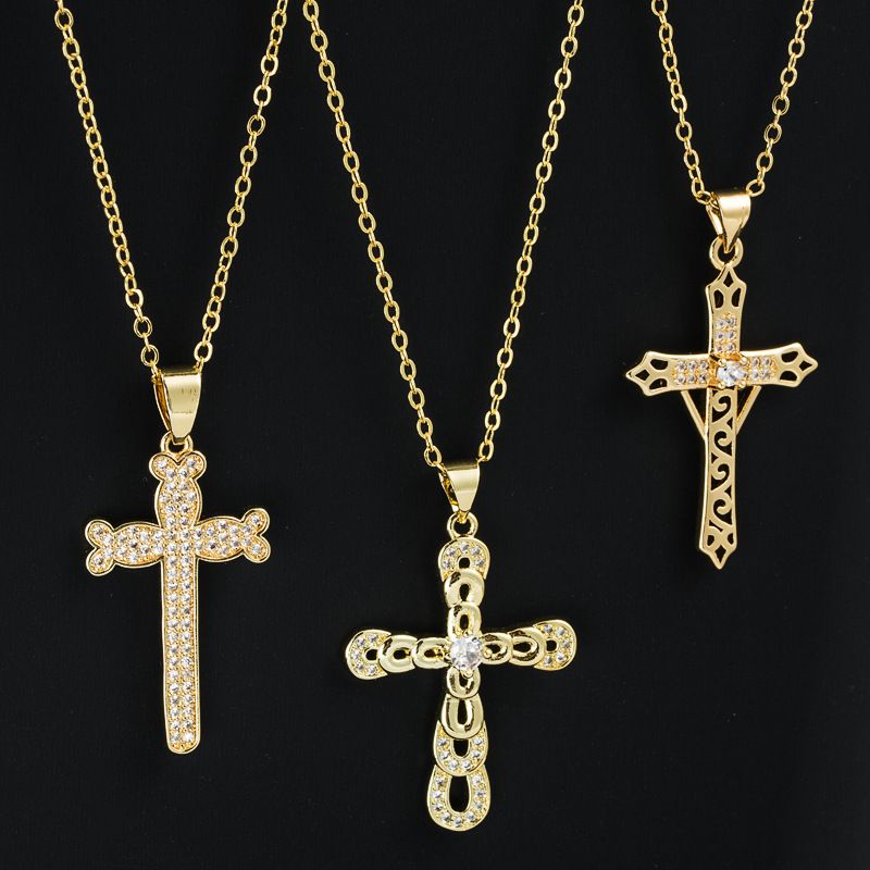 Kreative Kreuz Religiöse Anhänger Gold-überzogene Kupfer Anhänger Intarsien Zirkon Halskette
