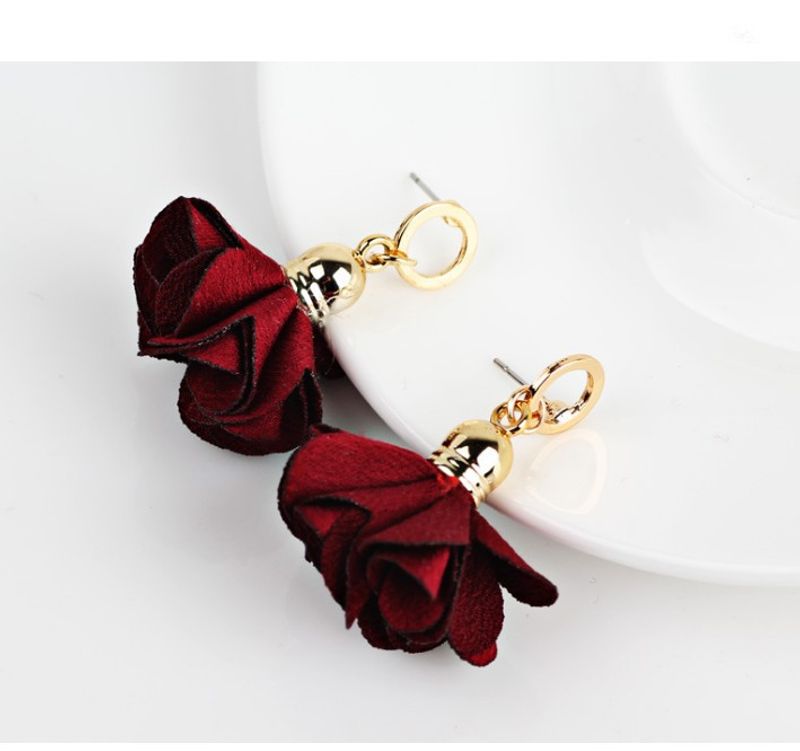 Tissu De Mode De Dame Rouge Fleur Forme Oreille Boucles D'oreilles