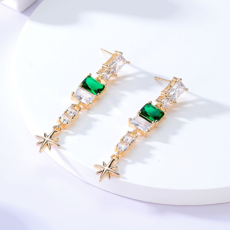 Moda Retro Awn Star Emerald Geométrico Cuadrado Borla Incrustada Zircon Cobre Pendientes