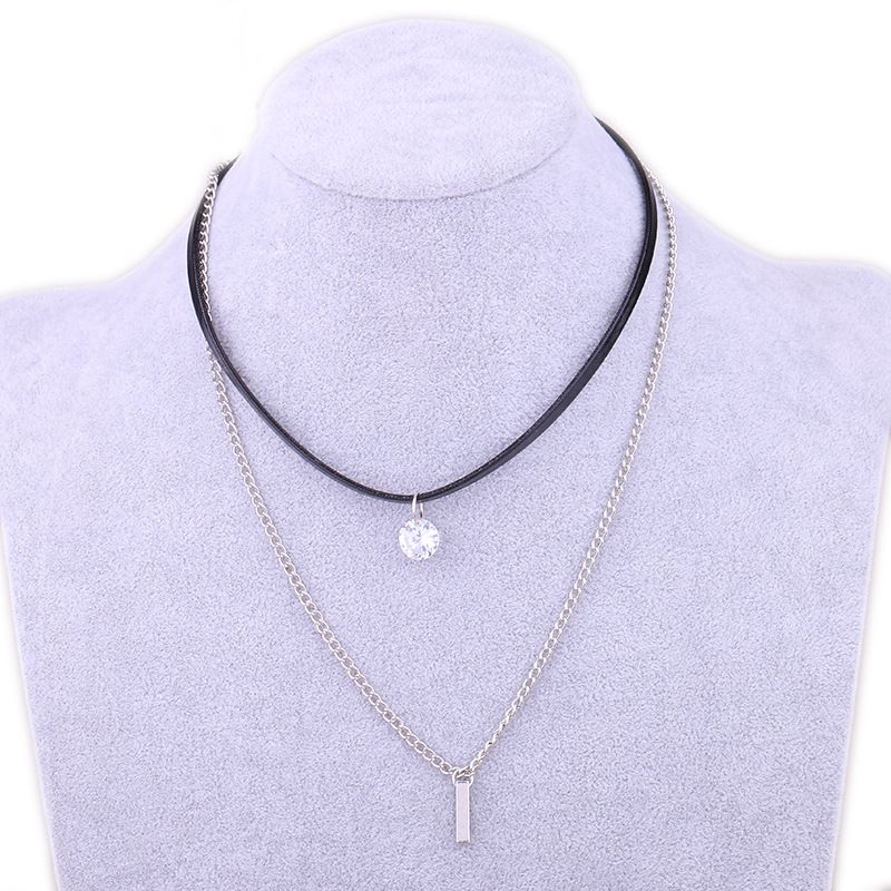Fashion Crystal Zircon Double Layer Leather String Necklace