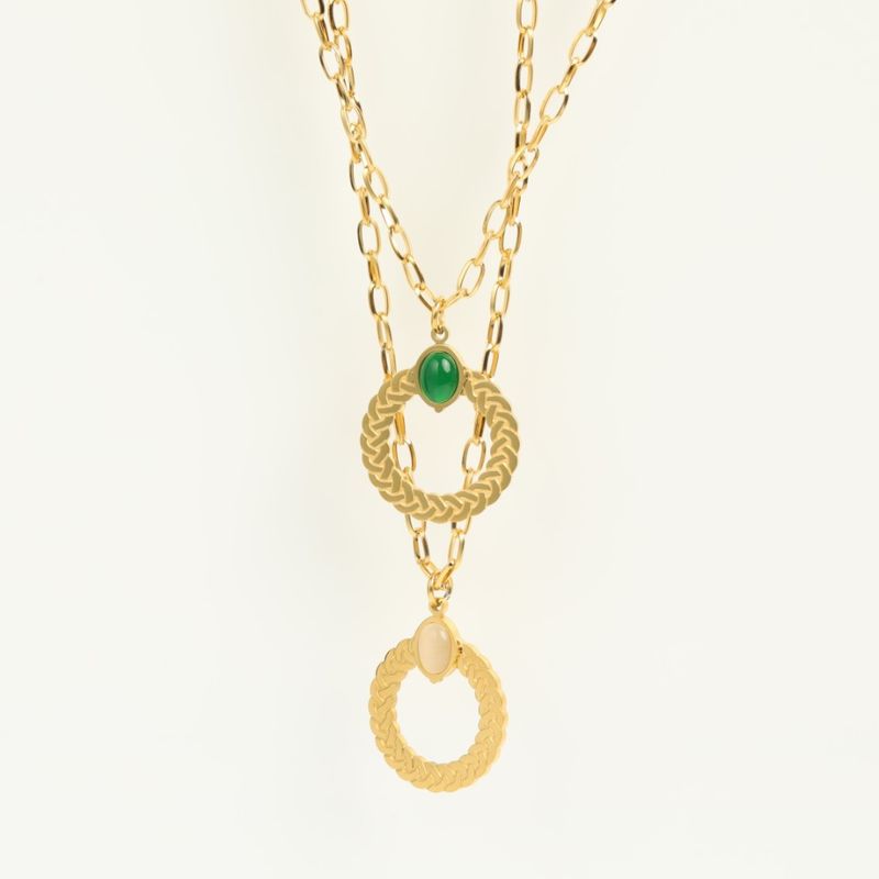Fashion Geometric Inlaid Green Agate Embossed Emerald Zircon Stainless Steel Necklace