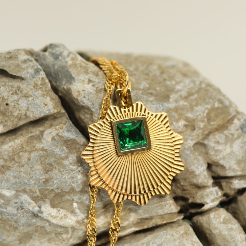 Fashion Emerald Inlaid Zircon Multi-layer Pendant Titanium Steel Necklace