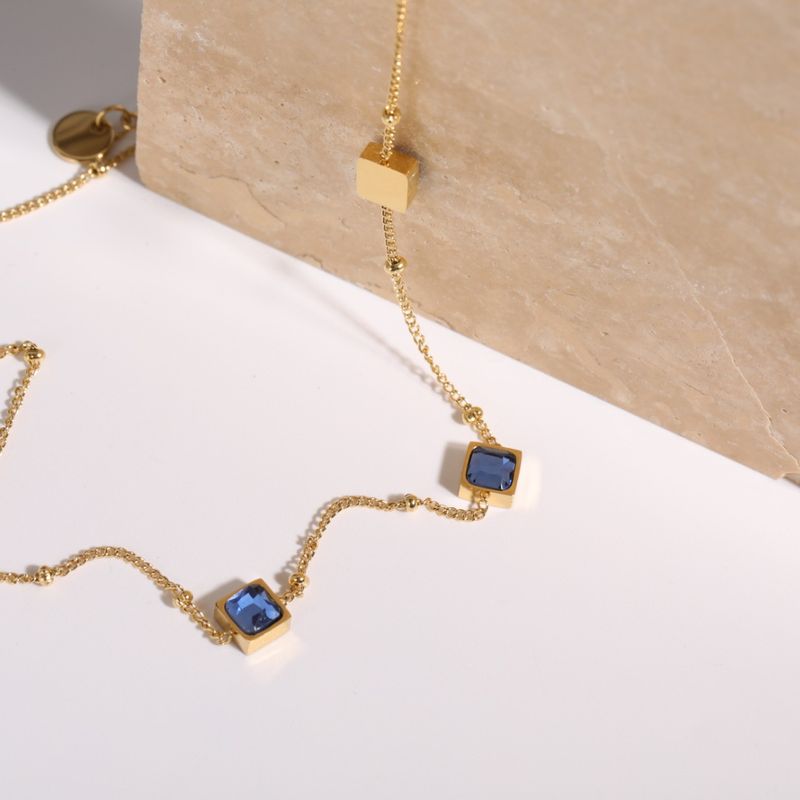 Fashion Simple Geometric Inlaid Zircon Blue Titanium Steel Necklace