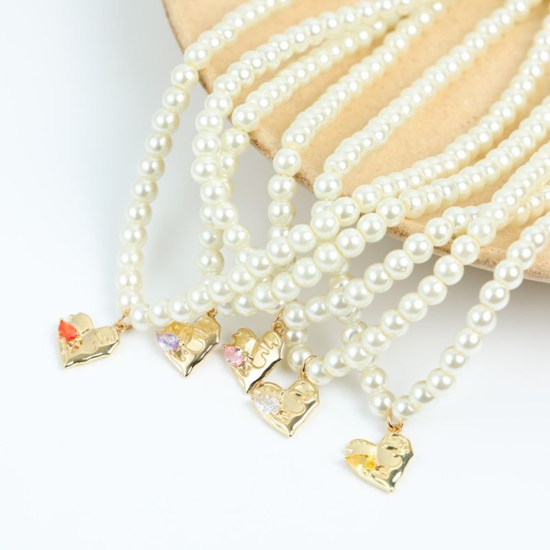Cute Golden Heart Shape Inlaid Zircon Copper Pearl Necklace