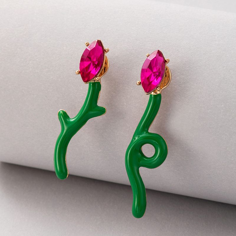 Neue Mode Blume Rosa Strass Unregelmäßige Geometrische Legierung Ohr Stud Ohrringe