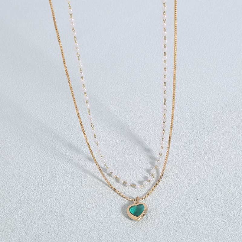 Legierung Kupfer Dunkelgrün Herz-geformt Zirkon Anhänger Künstliche Perle Halskette