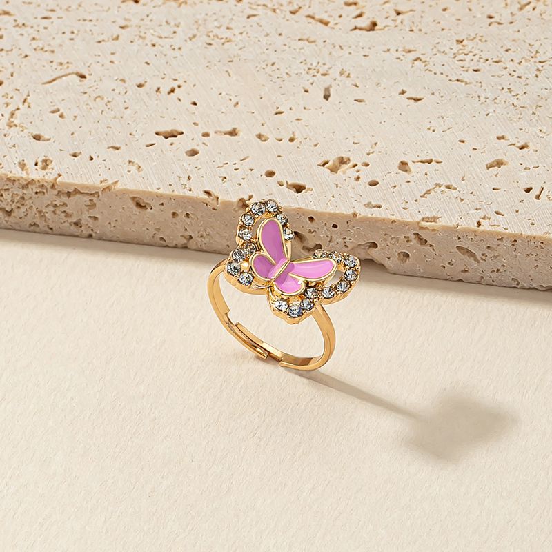 Rhinestone Colored Butterfly Drop Oil Adjustable Finger Ring