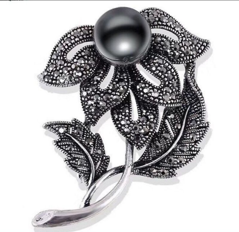Broche De Flores De Lazo Grande Con Incrustaciones De Perlas De Diamantes De Imitación Negro Vintage De Moda