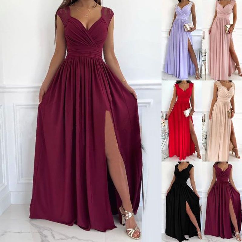 Summer Sleeveless Lace Backless Slit Women's Clothing Solid Color Dress