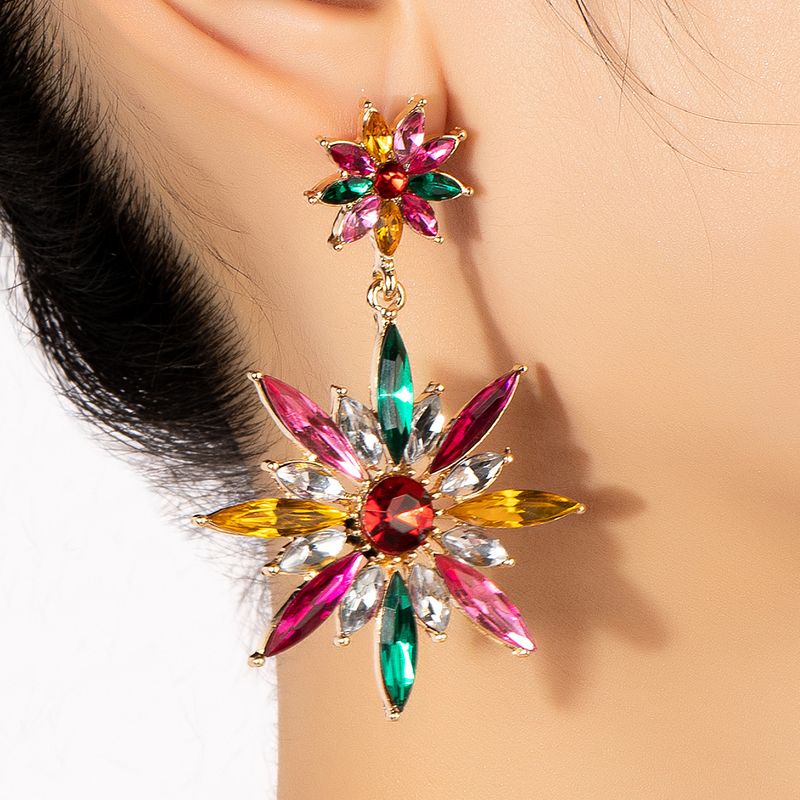 New Fashion Ethnic Stitching Colorful Sunflower Crystal Female Alloy Earrings