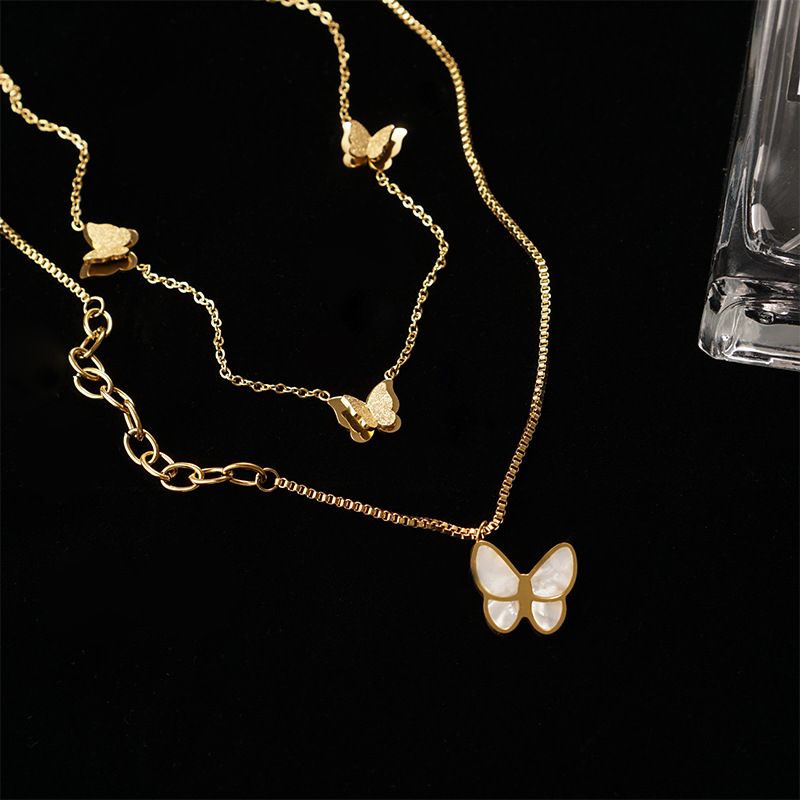 New Style Titanium Steel Butterfly Stitching Chain Double-layer Frosted Necklace