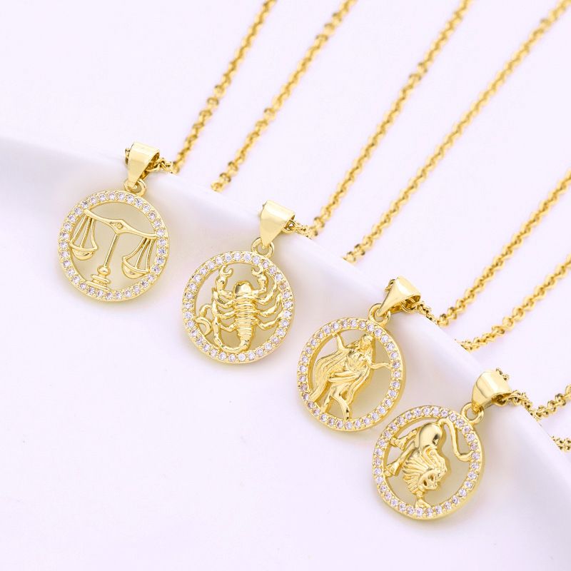Fashion Twelve Constellation Copper Inlaid Zircon Gold Plated Stainless Steel Pendant Necklace