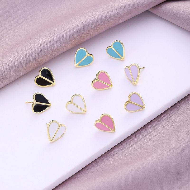 Fashion Simple Enamel Dripping Heart-shaped Copper Ear Stud Earrings