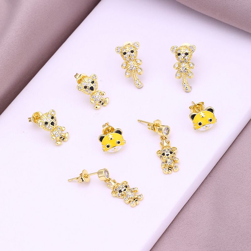 Fashion Cute Little Tiger Inlaid Zircon Copper  Drop Oil  Ear Stud Earrings