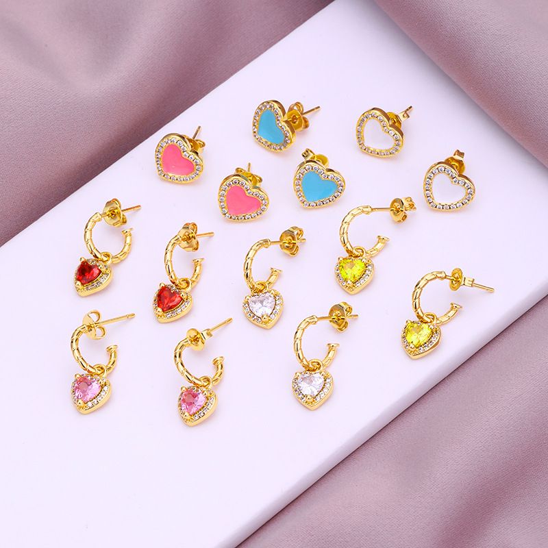 Fashion Simple Heart Inlaid Zircon Plated Real Gold  Copper Ear Stud Earrings