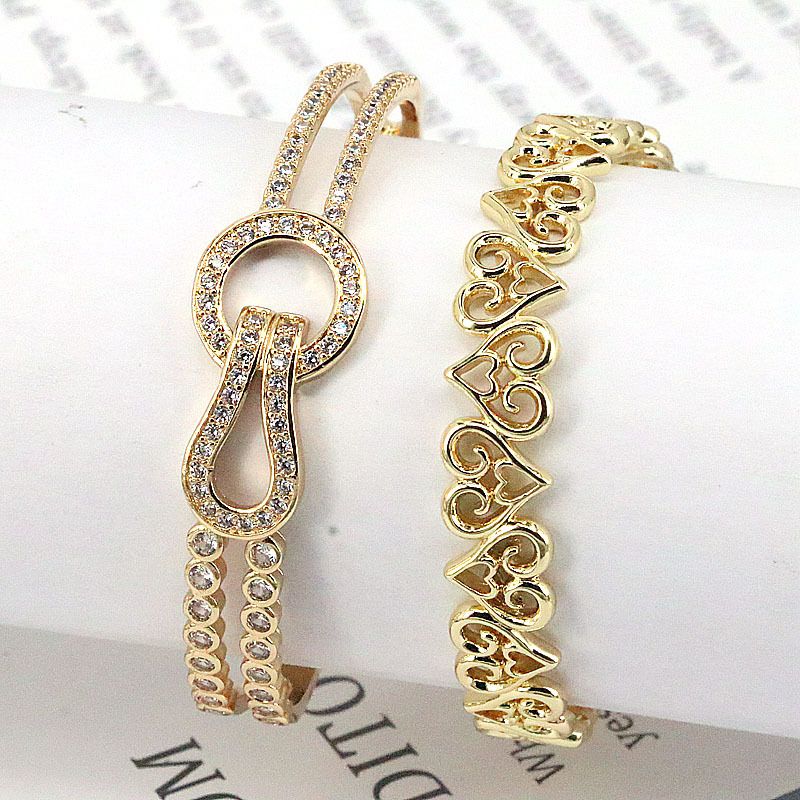 New Style Geometric Hollow Heart Copper Gold Plated Inlaid Zirconium Bracelet