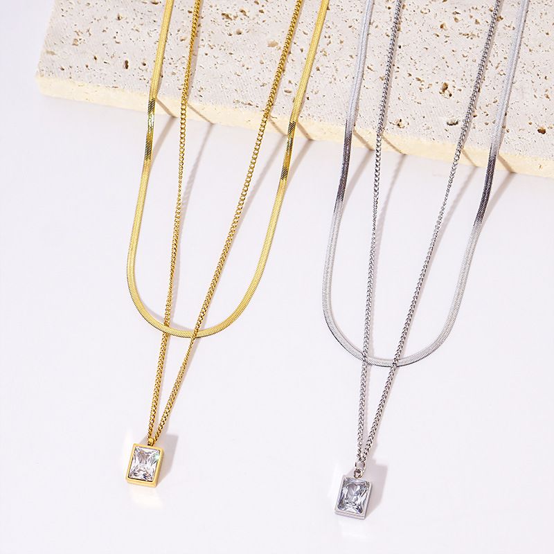 Simple Square Diamond Pendant Double-layer Snake Bone Chain Titanium Steel Necklace