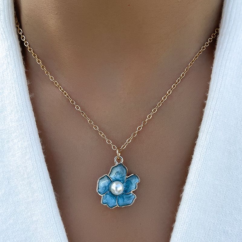Mode Blau Tropfen Öl Perle Intarsien Kleine Fünf-blütenblatt Blume Halskette