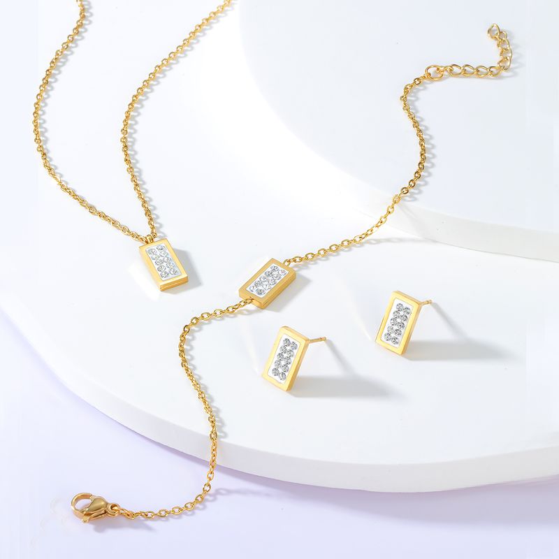201 Stainless Steel 18K Gold Plated Fashion Plating Rectangle Zircon Bracelets Earrings Necklace