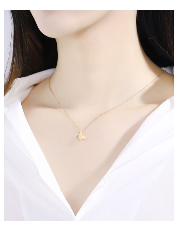 Rose Golden Butterfly Pendant Titanium Steel Genuine Diamond Inlaid Necklace