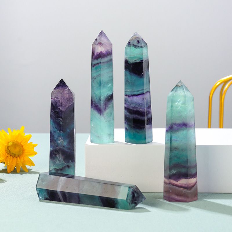 Natural Colorful Fluorite Crystal Column Purple Green Fluorite Hexagonal Prism Home Desktop Decoration