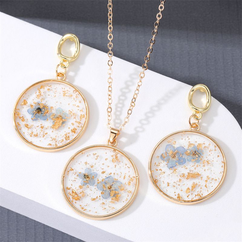 Vintage Style Dried Flower Geometric Transparent Gold Foil Pendant Earrings Necklace Set