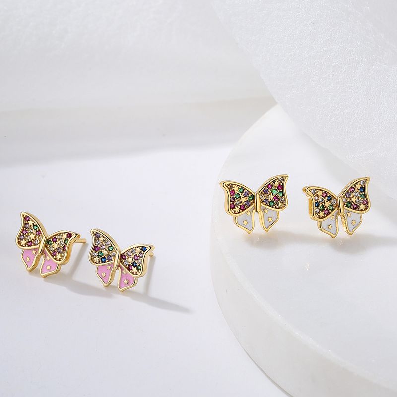 New Style Copper Plating 18k Gold Micro Inlay Color Zirconium Butterfly Stud Earrings