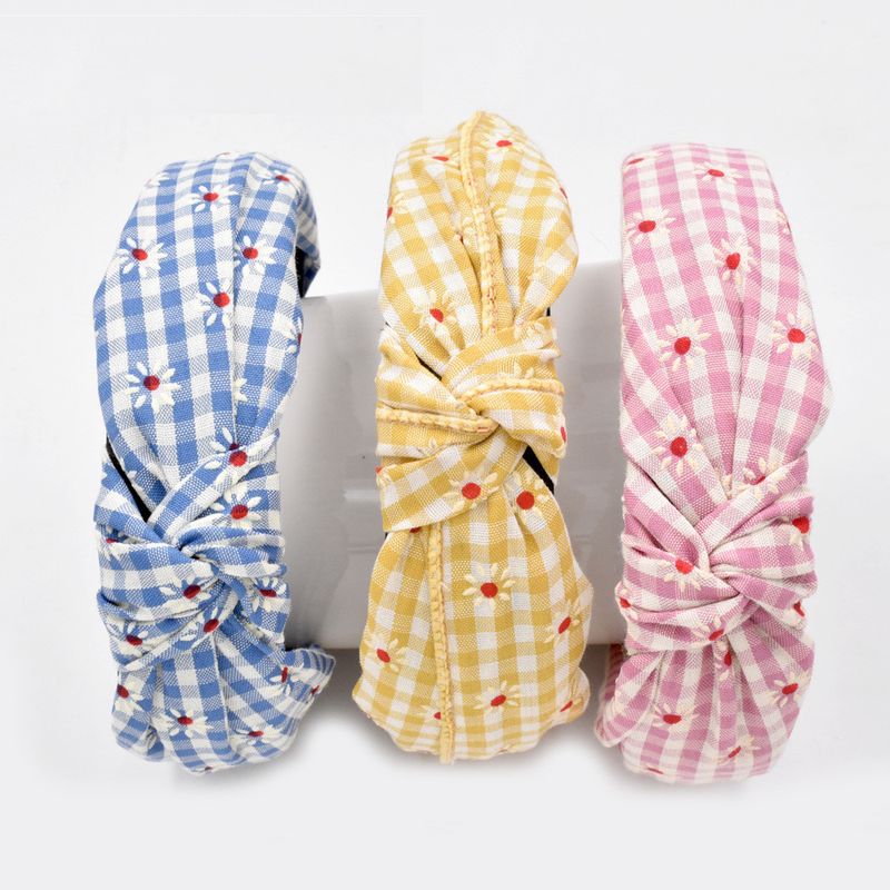 New Korean Small Flower Lattice Retro Fabric Knotted Fashion Headband Wholesale