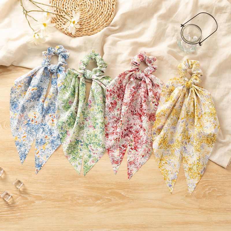 New Style Colorful Flower Pattern Long Ribbon Hair Accessories Bow Hair Scrunchies