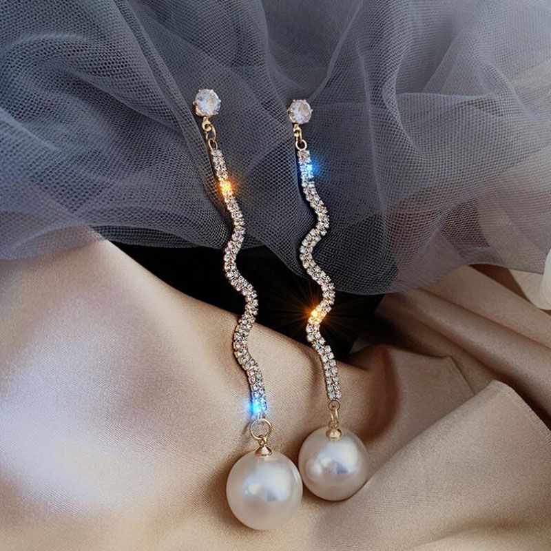 Pendientes Largos De Perlas Grandes Con Curva Geométrica Simple A La Moda Para Mujer