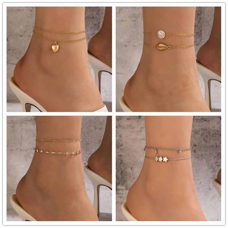 Fashion Simple Heart Star Pendant Double-circle Geometric Shell Alloy Anklet