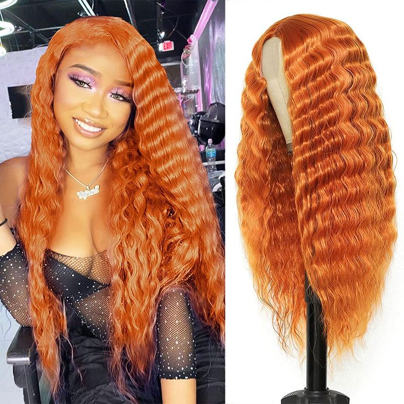 28 Pouces Synthétique Bouclés Femmes Ondulés Bouclés Orange Dentelle Perruque