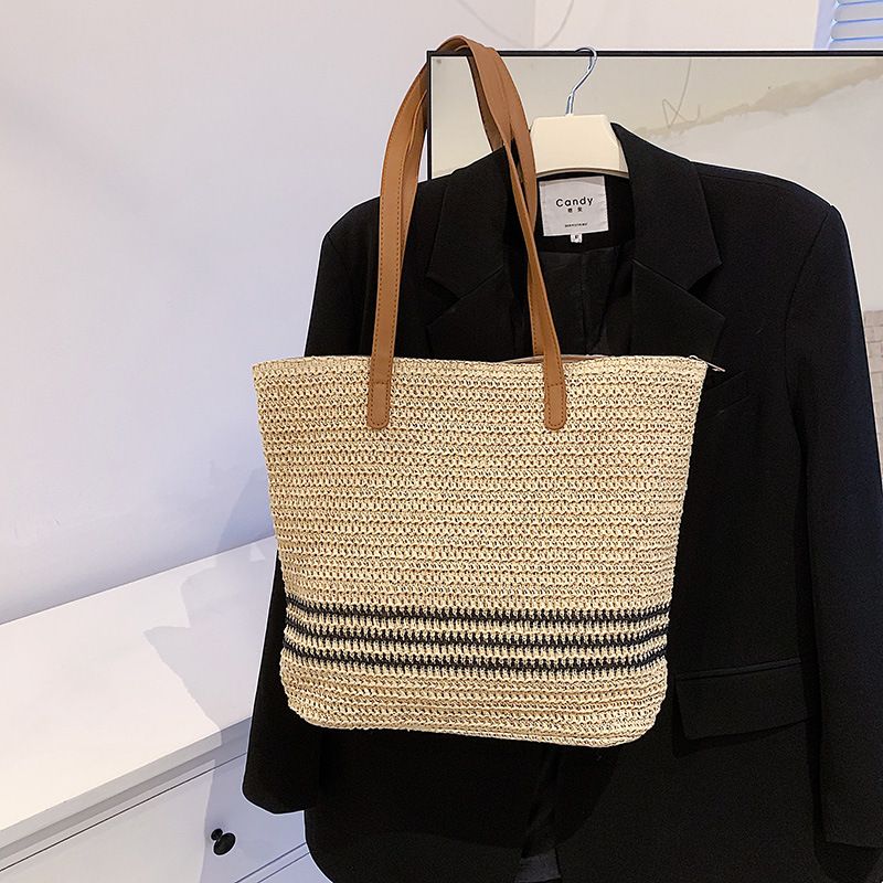 2022 New Fashion Casual Striped Straw Tote Shoulder Women's Woven Bag