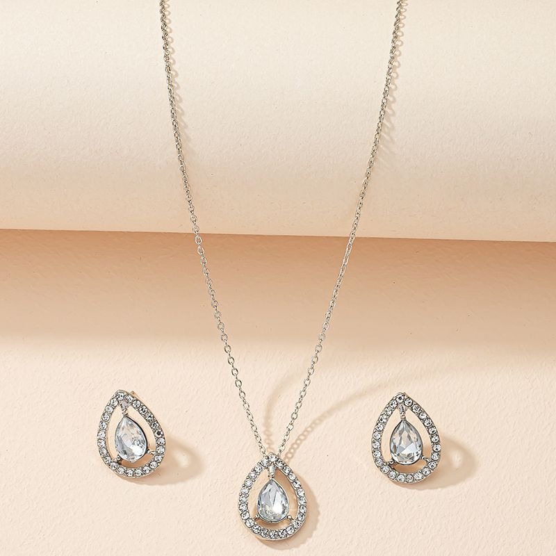 Fashion Water Drop Pendant Inlay Full Diamond Earrings Necklace Accessories Set