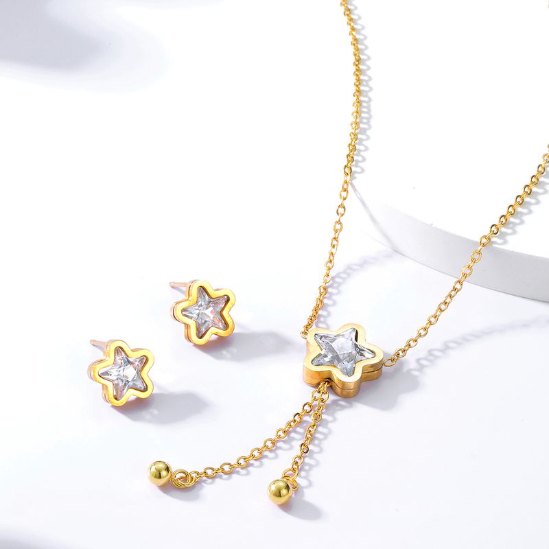 Fashion Simple Steel Electroplated 18k Gold Zircon Pentagram Ear Stud Necklace Set