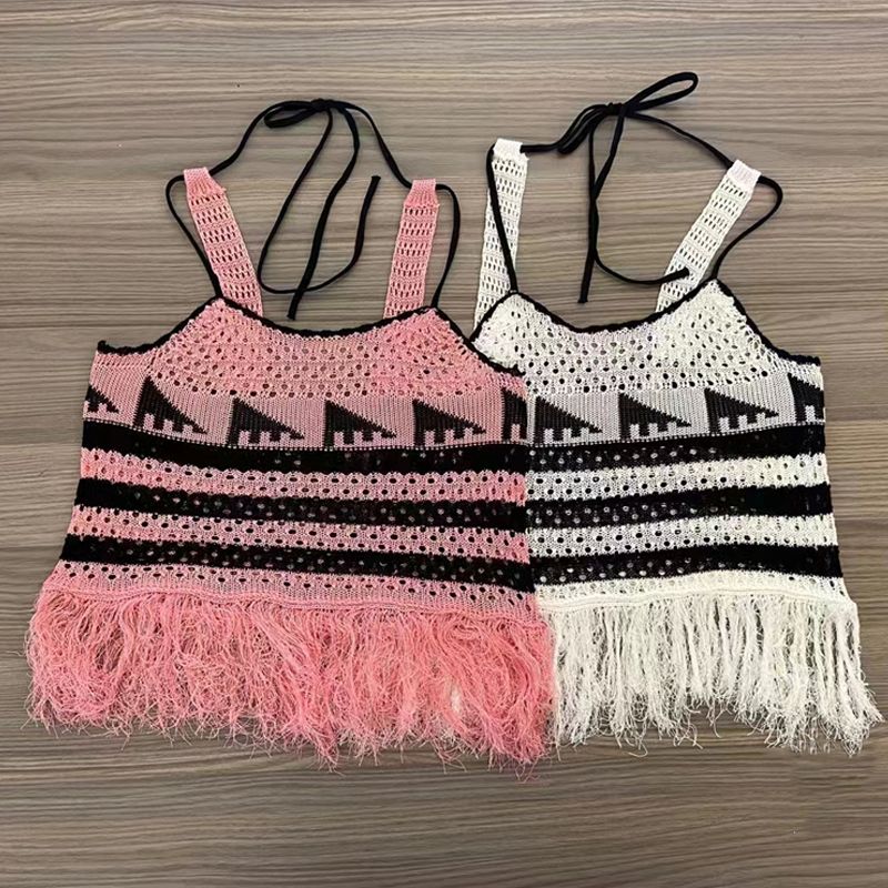 Moda Negro Rosa Blanco Tejido Chaleco Halter Borla Pequeño Sling