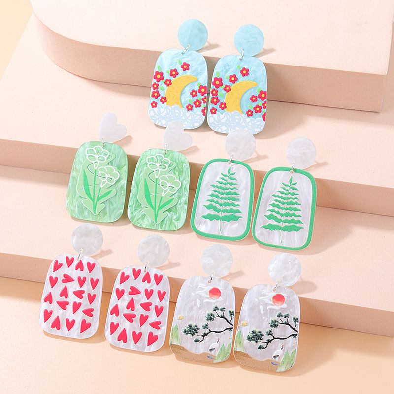 Fashion New Three-dimensional Printing Landscape Painting Heart Shaped Acrylic Earrings