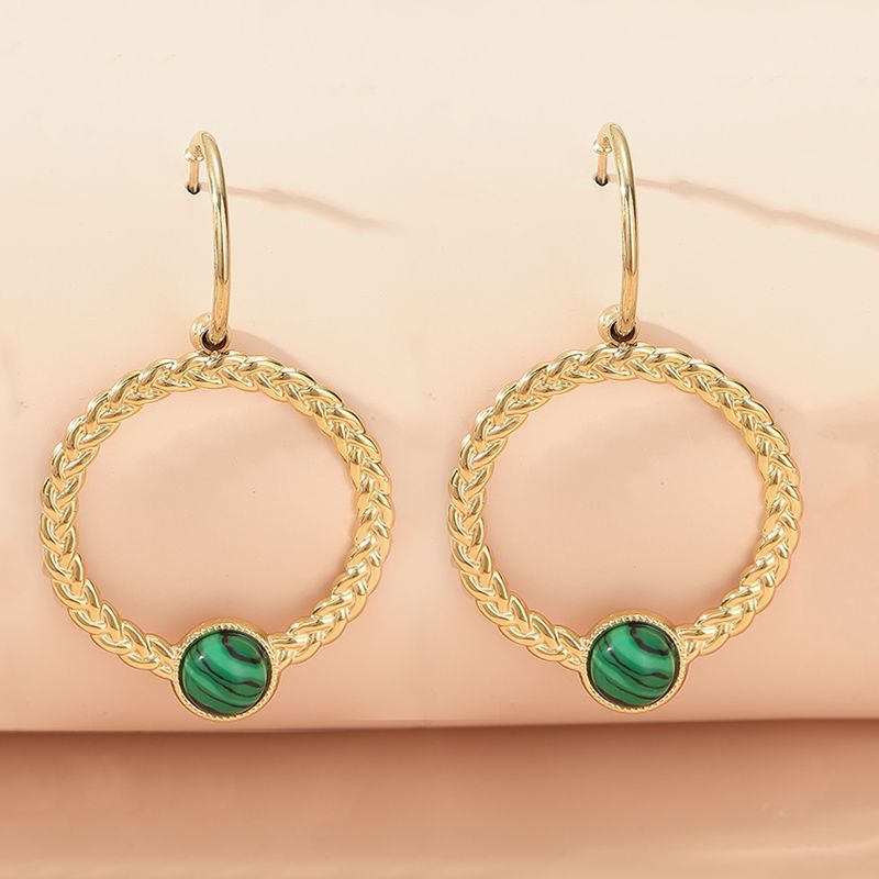 Fashion New Normcore Malachite Round Shaped Stainless Steel Earrings Women