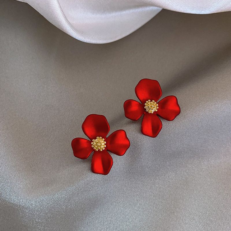 Mode Roten Blütenblätter Nette Kleine Vier-blütenblatt Blume Alloy Stud Ohrringe