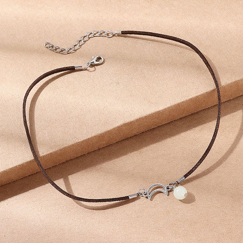 Frau Mode Mond Pu-leder Legierung Halskette Mit Anhänger Glasperlen Halsketten